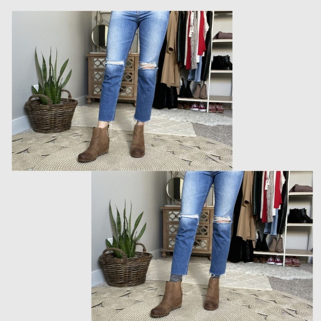 Which shoes with these dark capri leggings: sock boots or booties :  r/fashion