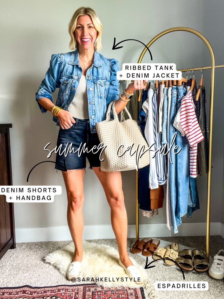 key summer staples capsule wardrobe outfit idea, ribbed tank, denim jacket, black shirts, espadrilles, tote 