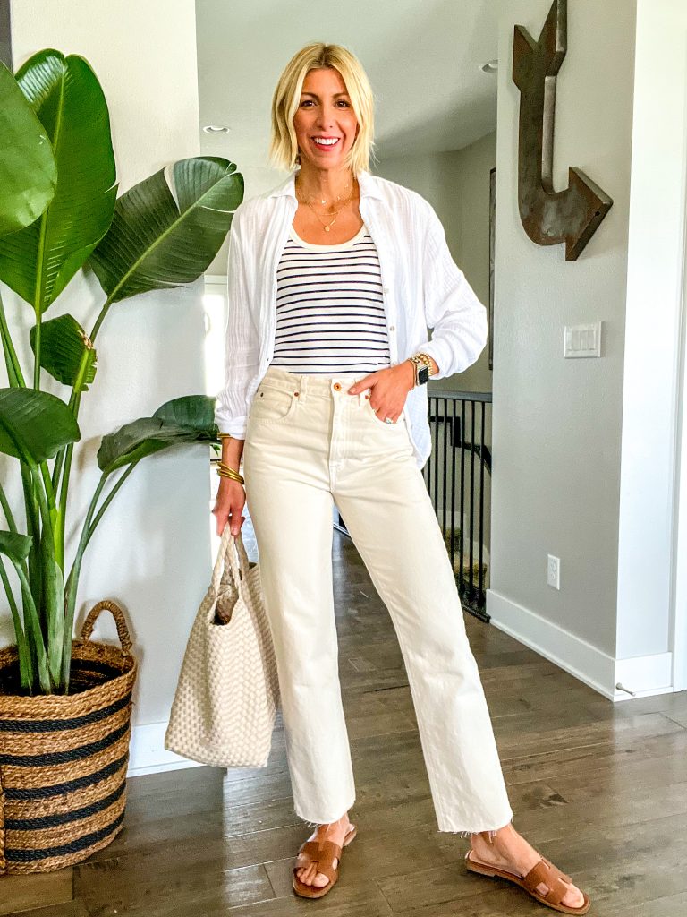 summer essentials you need, white jeans, stripe tank, white shirt, sandals 