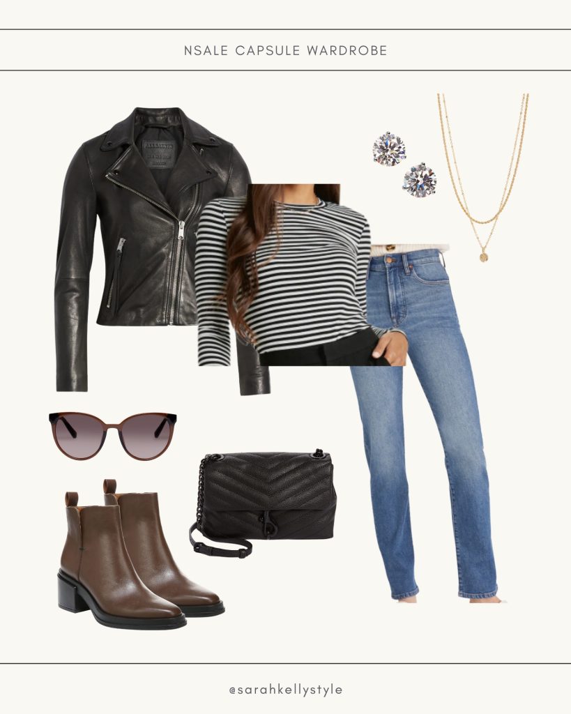 2023 NSALE Fall Capsule outfit idea for a travel day, jeans, stripe tee, leather jacket, booties