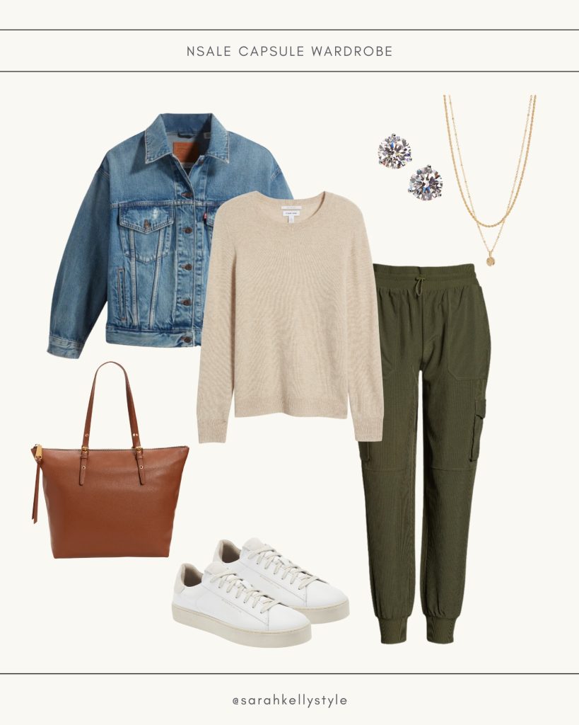 2023 NSALE fall capsule outfit for a casual day of errands, sweater, joggers, sneakers + denim jacket 
