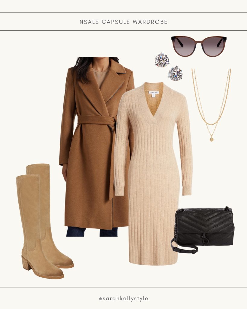 2023 NSALE fall capsule outfit for work, sweater dress, wrap coat & boots 