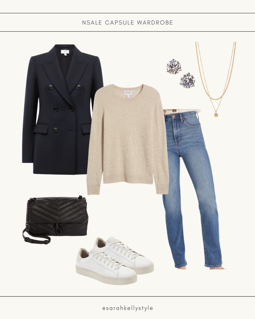 2023 NSALE Fall Capsule Outfit blazer, sweater, jeans and sneakers for a elevated casual look