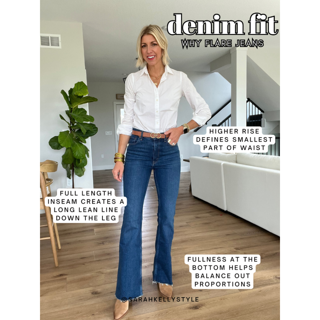 fall denim guide 2023 flare jeans outfit with blouse + boots