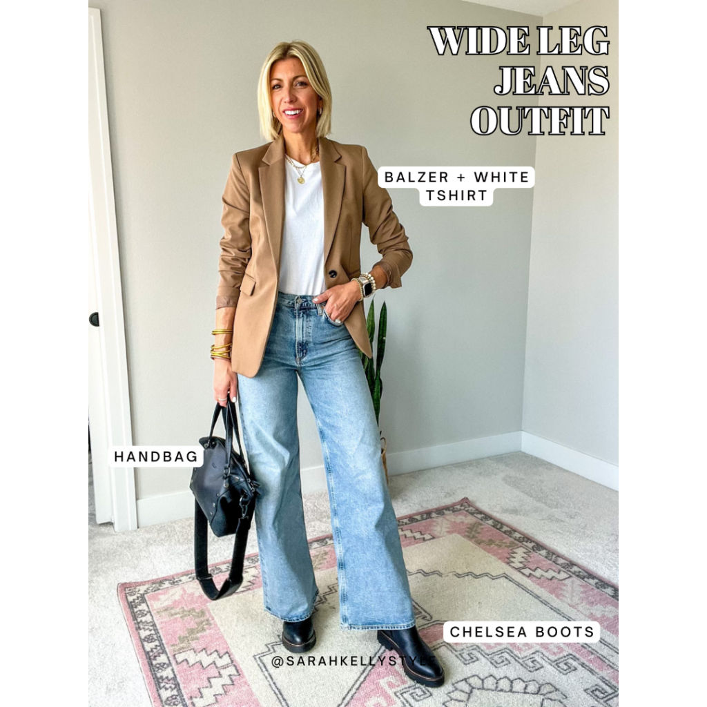 fall denim guide outfit with wide leg jeans, blazer, basic tee + boots