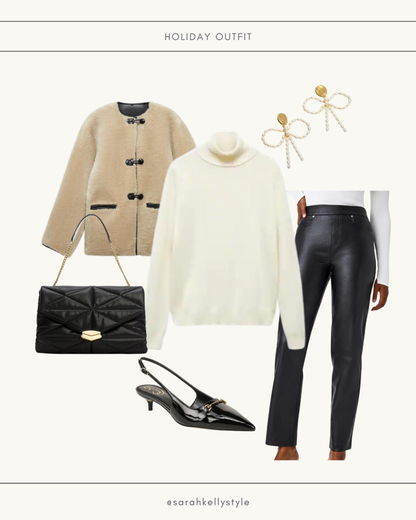 Holiday outfit maker leather like pants, turtleneck sweater, sherpa jacket, pumps
