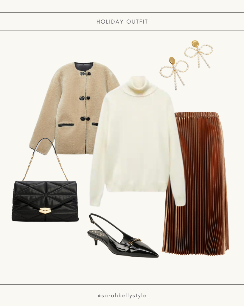 Holiday outfit makers, pleased skirt, sweater, pointed toe pumps, sherpa jacket 
