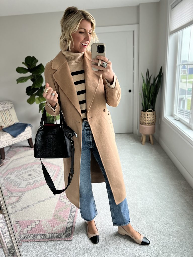 camel overcoat outfit with a sweater and jeans 
