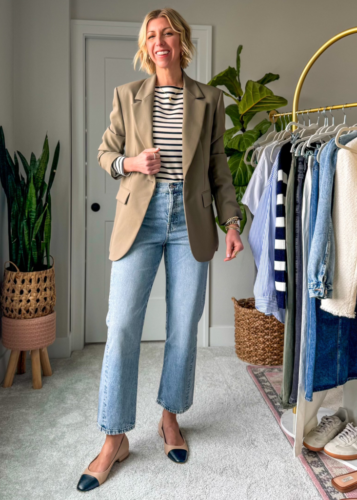 Spring Capsule wardrobe outfit with straight leg jeans, stripe tee, blazer, ballet flats