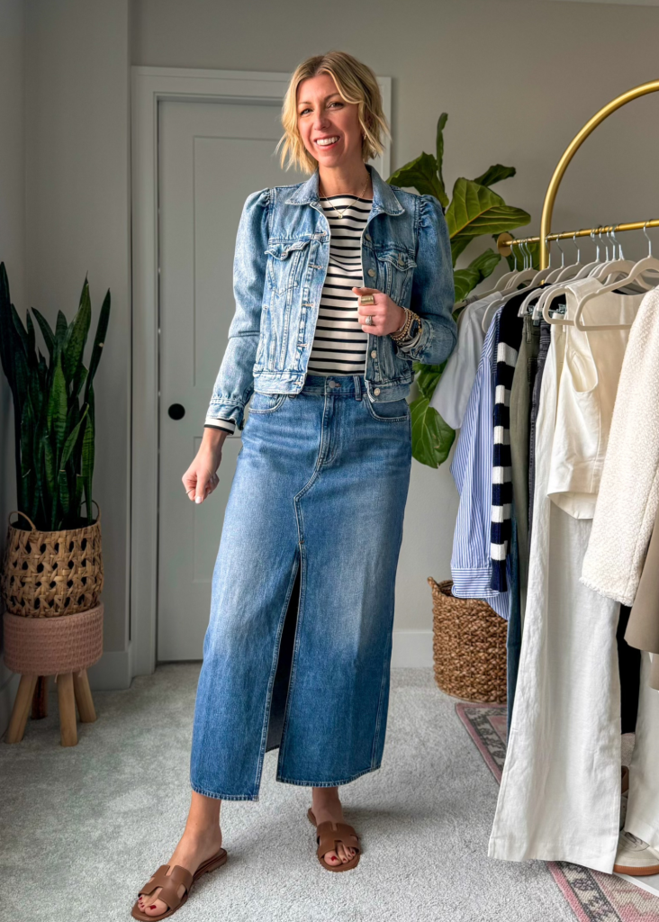 spring capsule denim skirt outfit with a stripe tee, denim jacket & sandals 