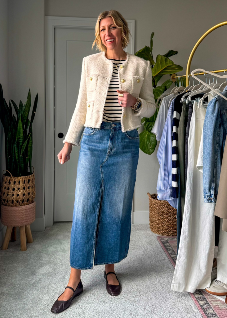 spring capsule denim skirt outfit with stripe tee, lady jacket + ballet flats