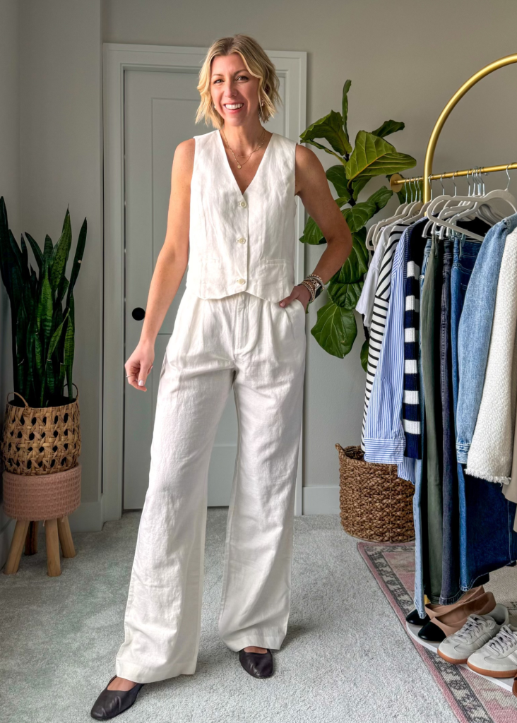 Spring capsule wardrobe outfit with wide leg linen pants, linen vest + ballet flats 