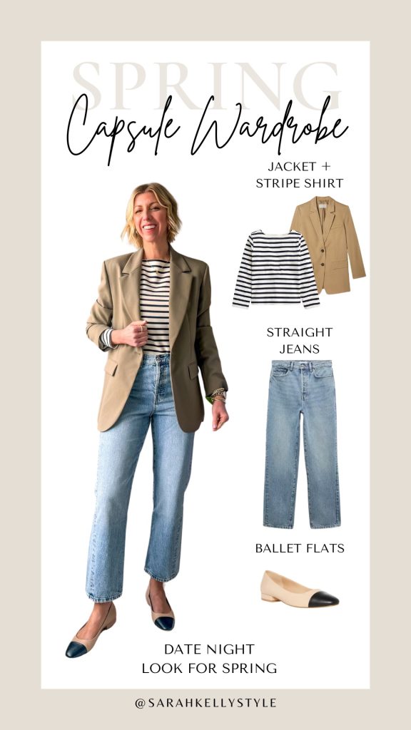spring outfit formula: blazer, tee, jeans, ballet flats 