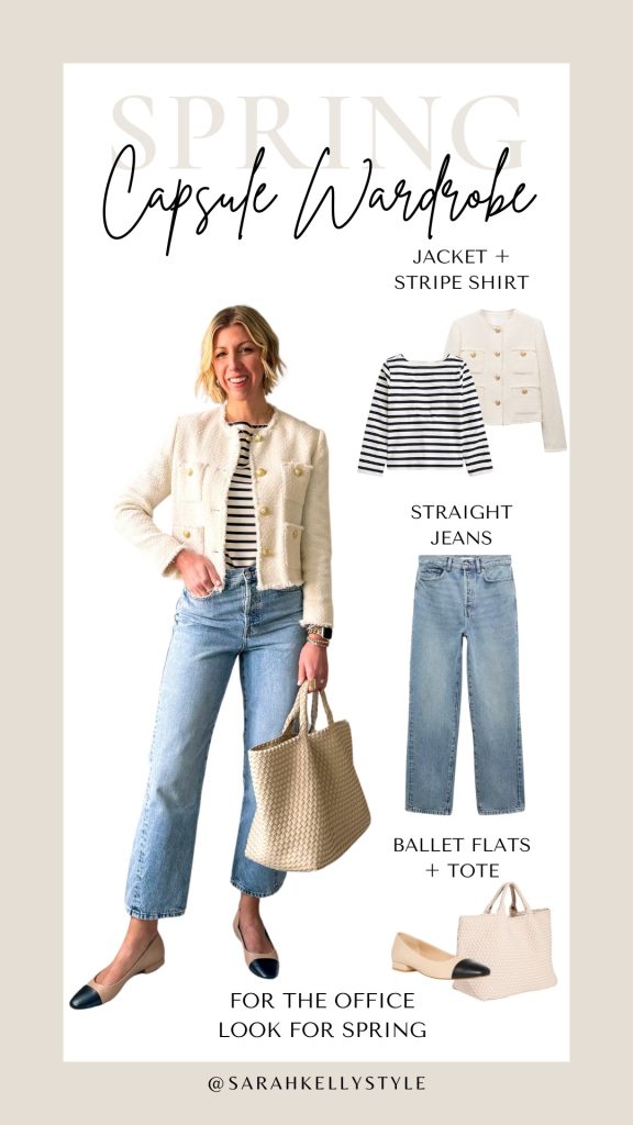 spring outfit formula, lady jacket, stripe tee, jeans, ballet flats 