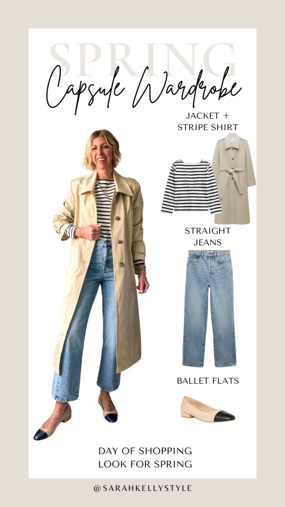 spring outfit formula, stripe tee, trench coat, straight leg jeans, ballet flats 