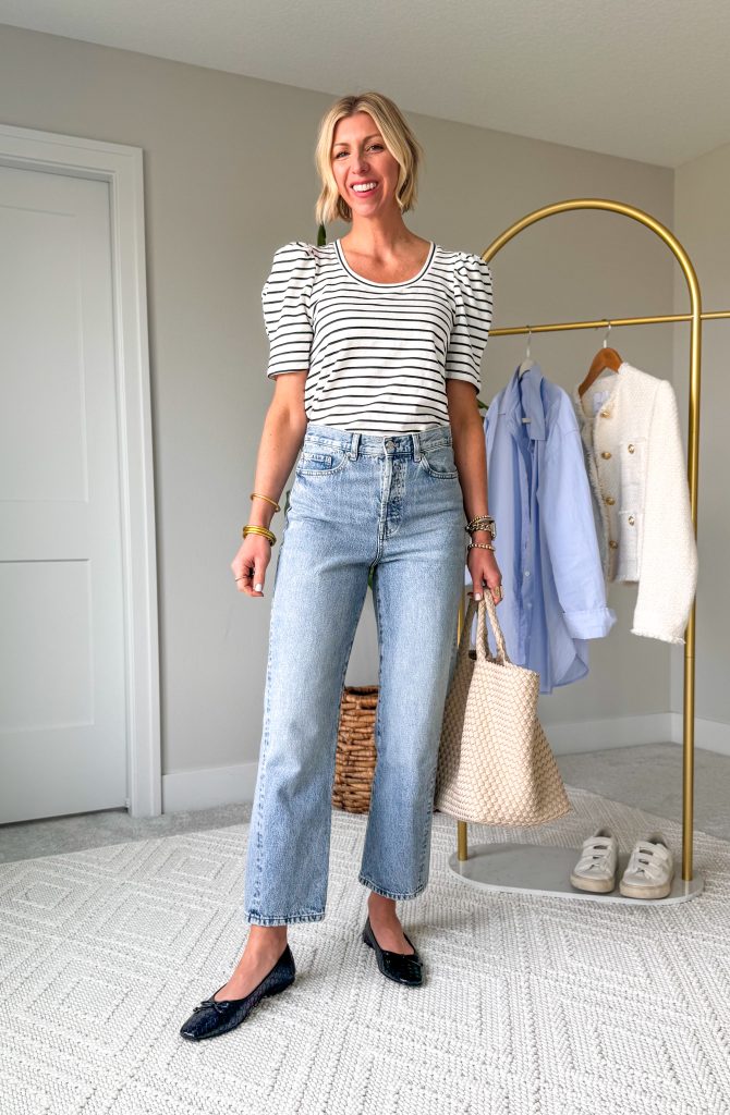 Spring staples to elevate your look: stripe tee, straight leg jeans, woven ballet flats
